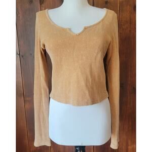 PINK Victoria’s Secret M Thermal Waffle Knit Top Tan Long Sleeve Notch V-Notch
